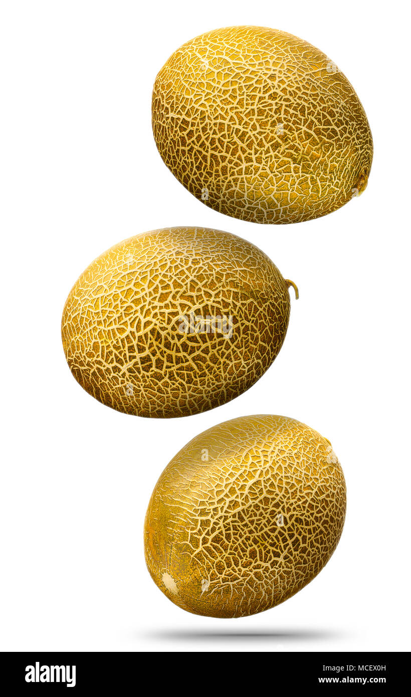 Falling golden melon isolated on white background Stock Photo
