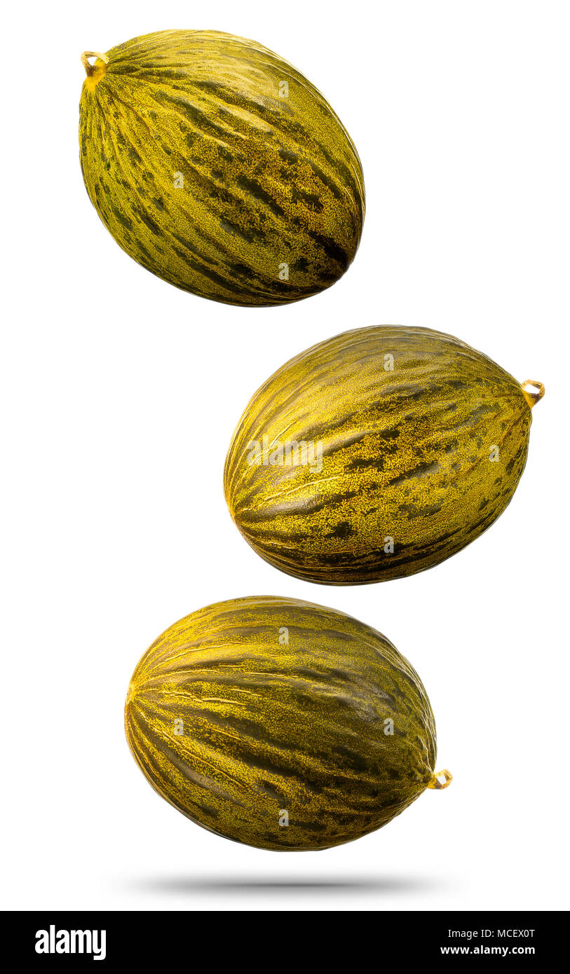 Falling golden melon isolated on white background Stock Photo