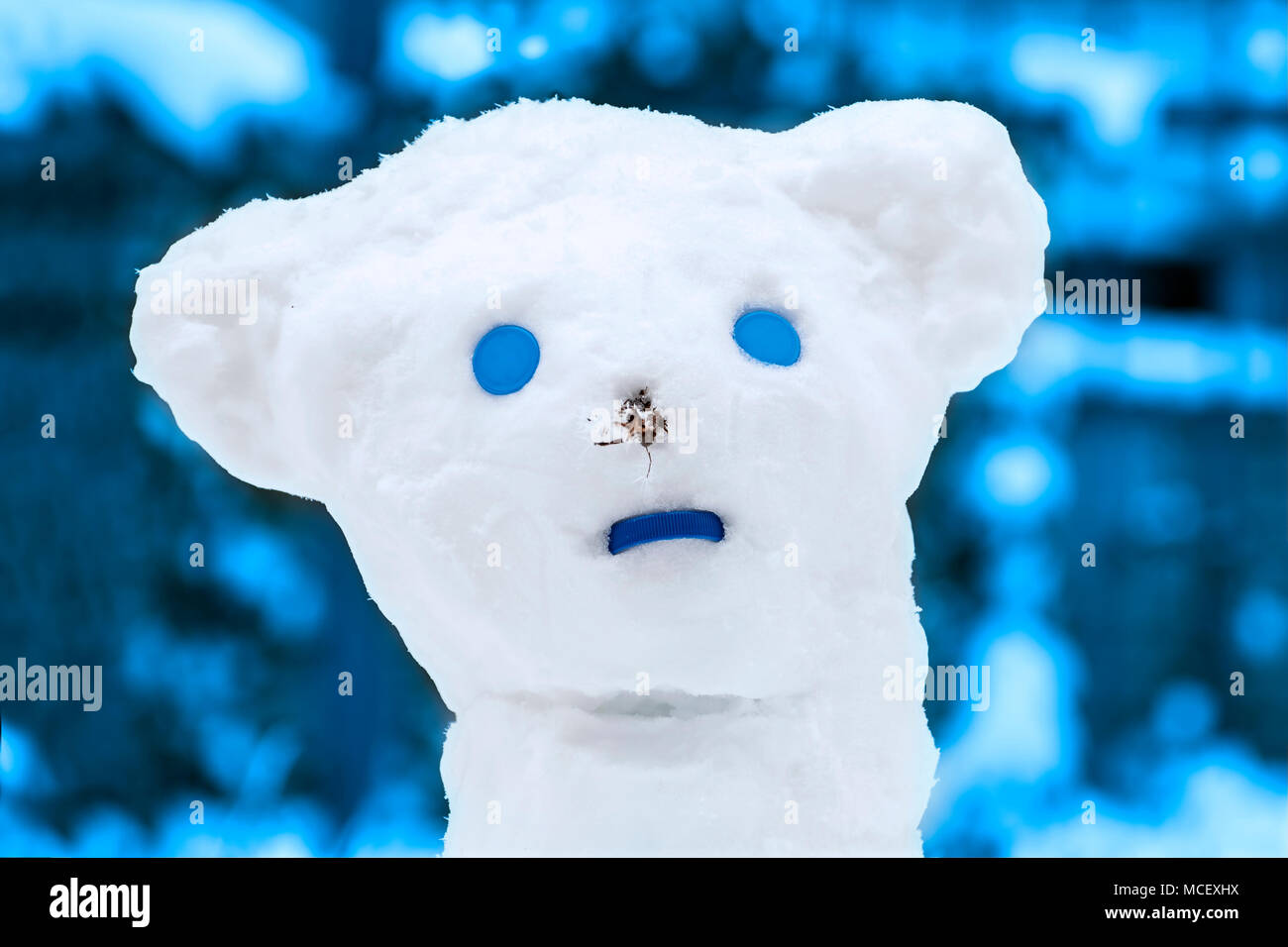 Atypical snow man on a cold winter's day. Stock Photo