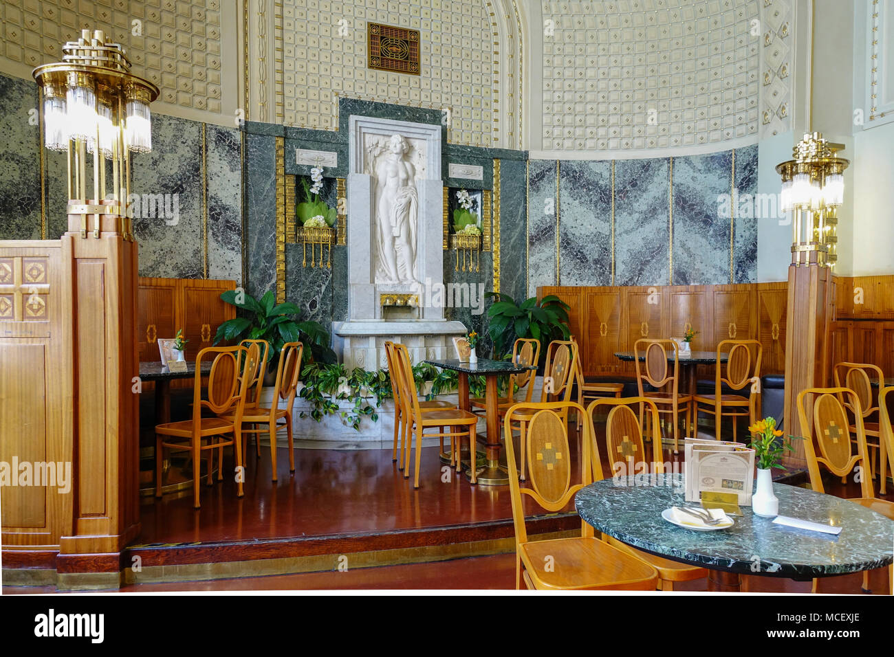 Prague Cafe Inside, Art Nouveau Cafe interior in Obecni Dum, Municipal House Prague, Czech Republic Stock Photo