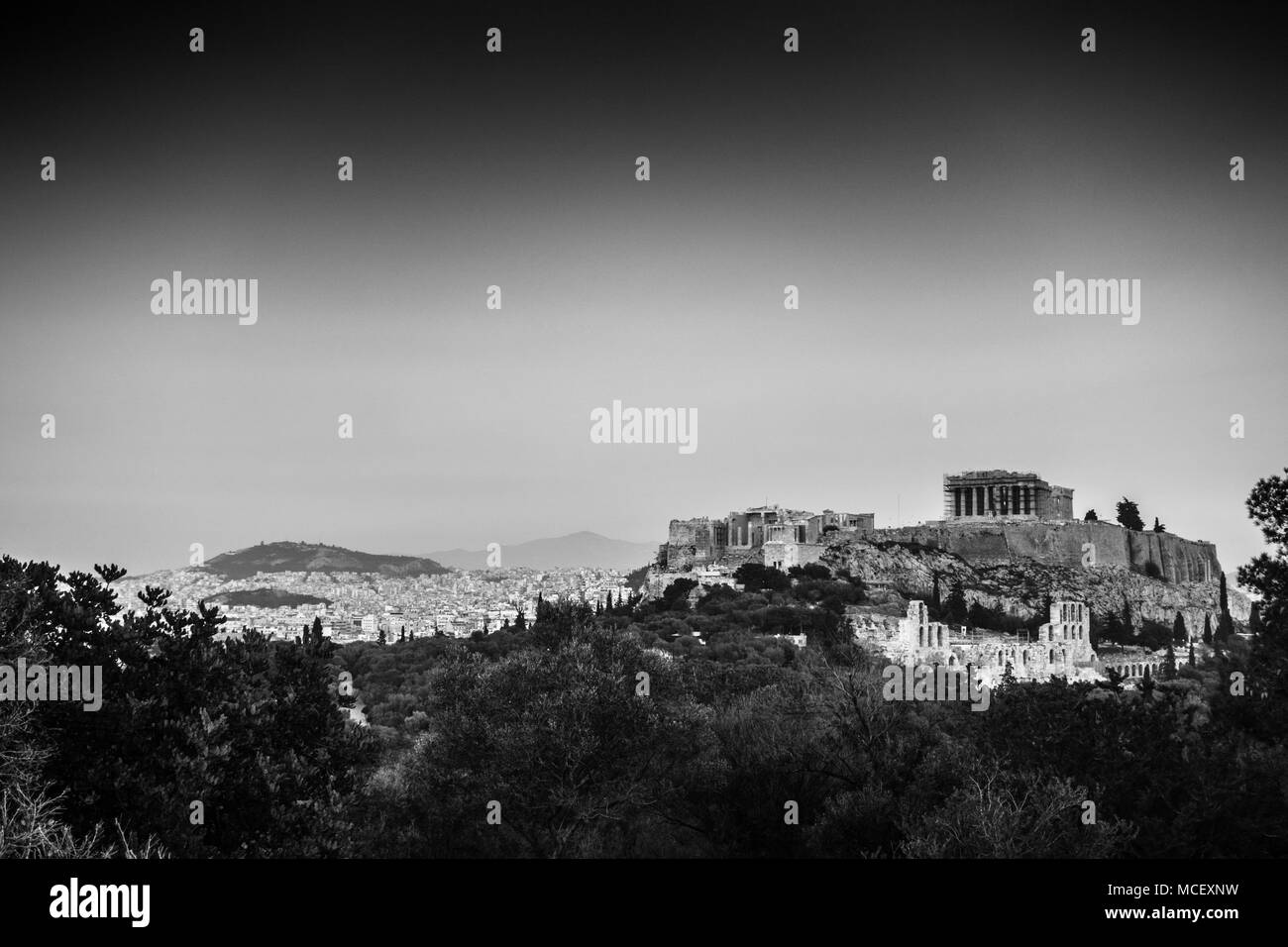 Acropolis- Athens surrounded by lush foliage, Greece, Europe Stock Photo