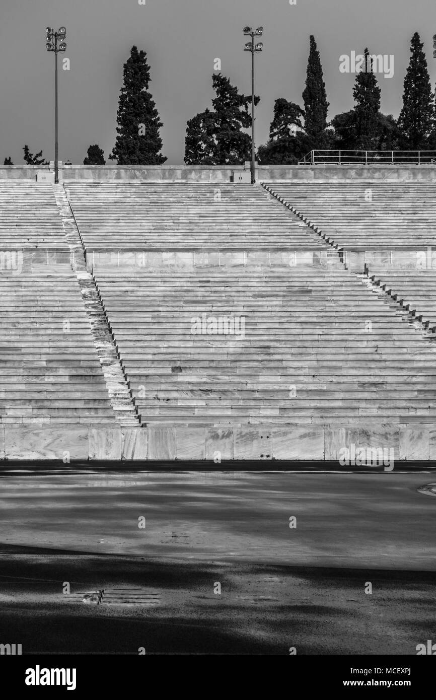 Partial view of Panathinaiko Stadium seats under sunlight, Athens, Greece, Europe Stock Photo