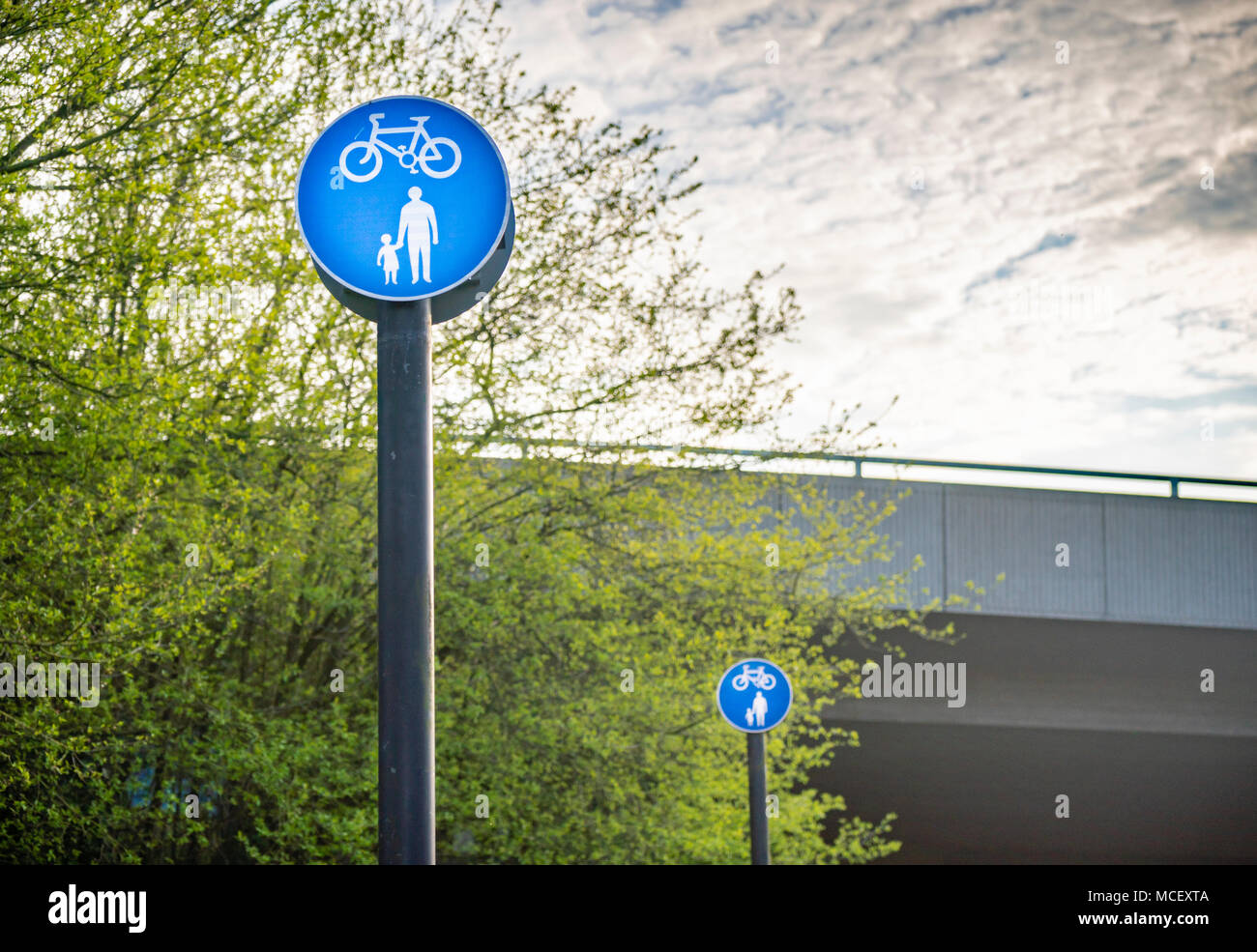 Blue sign to indicate shared-use, unsegregated cycle and pedestrian route in England, UK Stock Photo