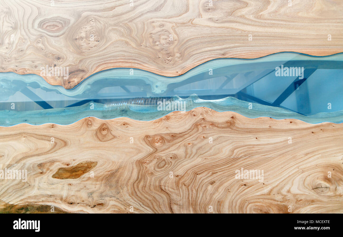 Texture of a wooden table with epoxy resin. Top view of wood for background Stock Photo