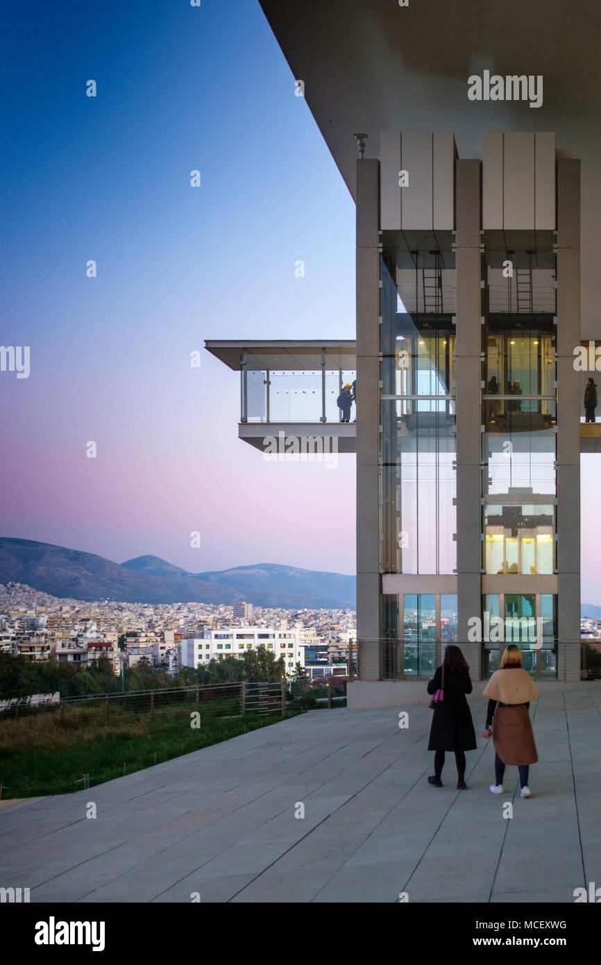 Rear view of two women at Stavros Niarchos Foundation Cultural Center, Athens, Greece Stock Photo