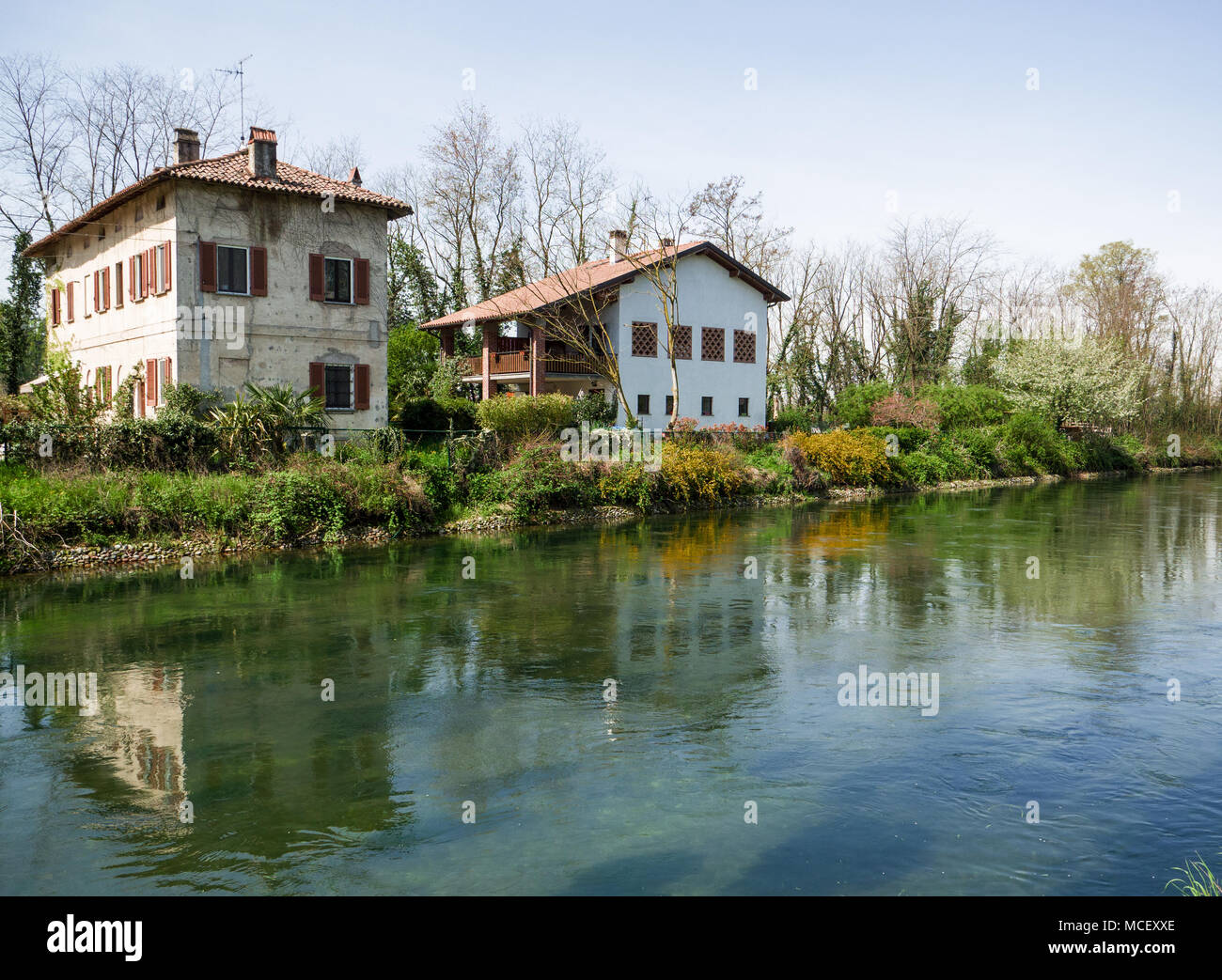 farm houses on the waterway (naviglio grande) near Milan,italy Stock