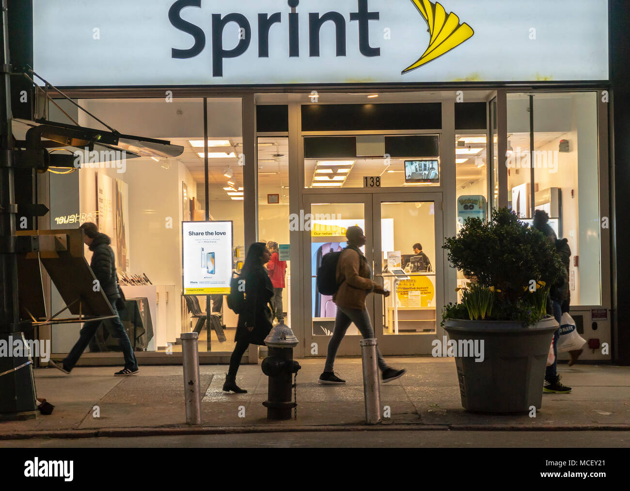 A Sprint store in the Herald Square neighborhood in New York on Tuesday, April 10, 2018. The ongoing saga of the Sprint and T-Mobile merger is reported to be back on again. (© Richard B. Levine) Stock Photo