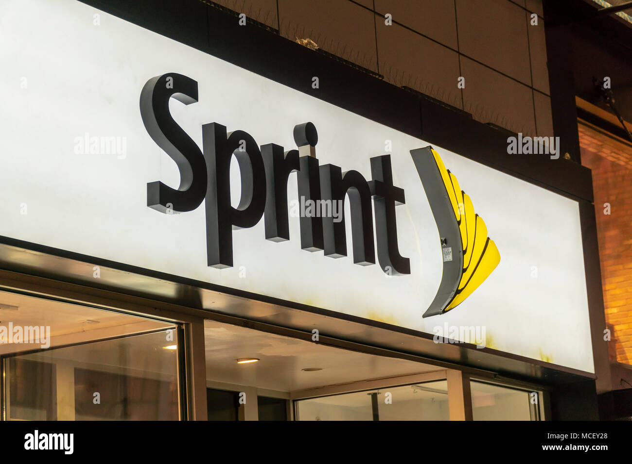 A Sprint store in the Herald Square neighborhood in New York on Tuesday, April 10, 2018. The ongoing saga of the Sprint and T-Mobile merger is reported to be back on again. (© Richard B. Levine) Stock Photo