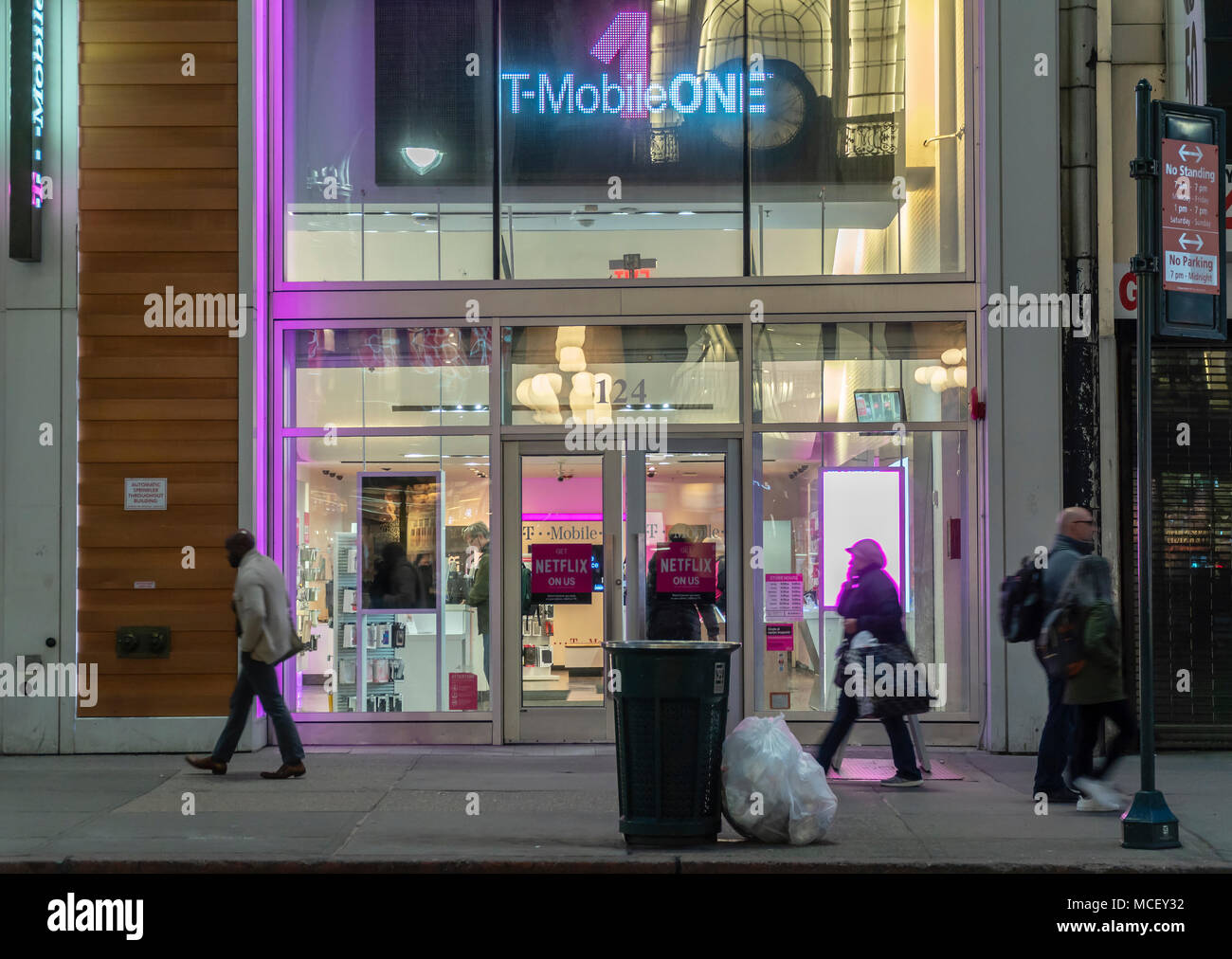 A T-Mobile store in the Herald Square neighborhood in New York on Tuesday, April 10, 2018. The ongoing saga of the Sprint and T-Mobile merger is reported to be back on again. (© Richard B. Levine) Stock Photo