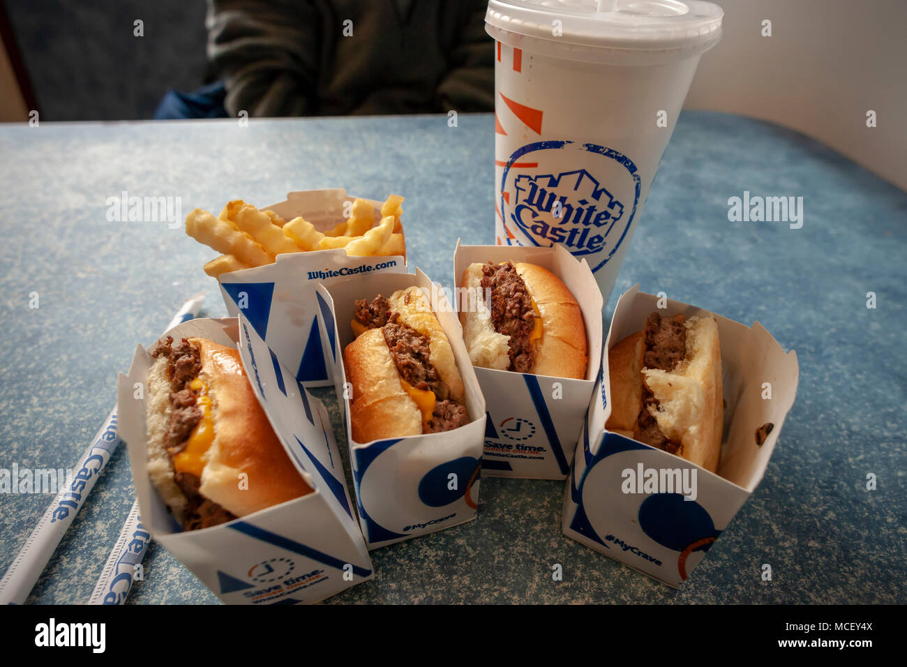 White Castle debuts the Impossible Slider using plant-based 'meat' from Impossible Foods, seen in a White Castle in Brooklyn in New York on Sunday, April 15, 2018. Impossible Foods meatless ground beef is being used to create the new menu item, previously only available in higher-end fast casual restaurants and is currently on the menu is 140 locations in the New York and Chicago areas.The sliders sell for $1.99, approximately double the price of their original product. (Â© Richard B. Levine) Stock Photo