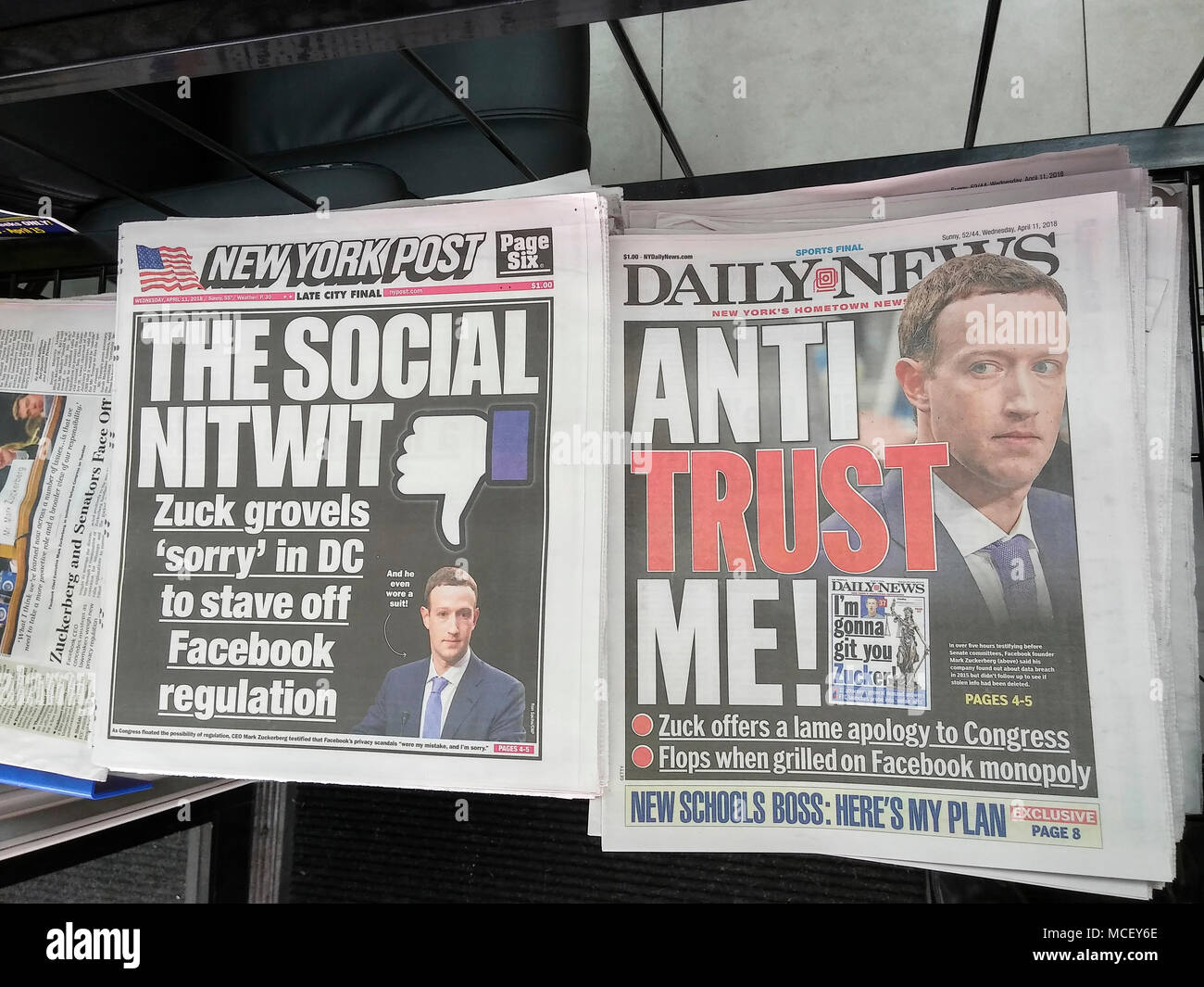 Front pages of New York tabloid newspapers on Wednesday