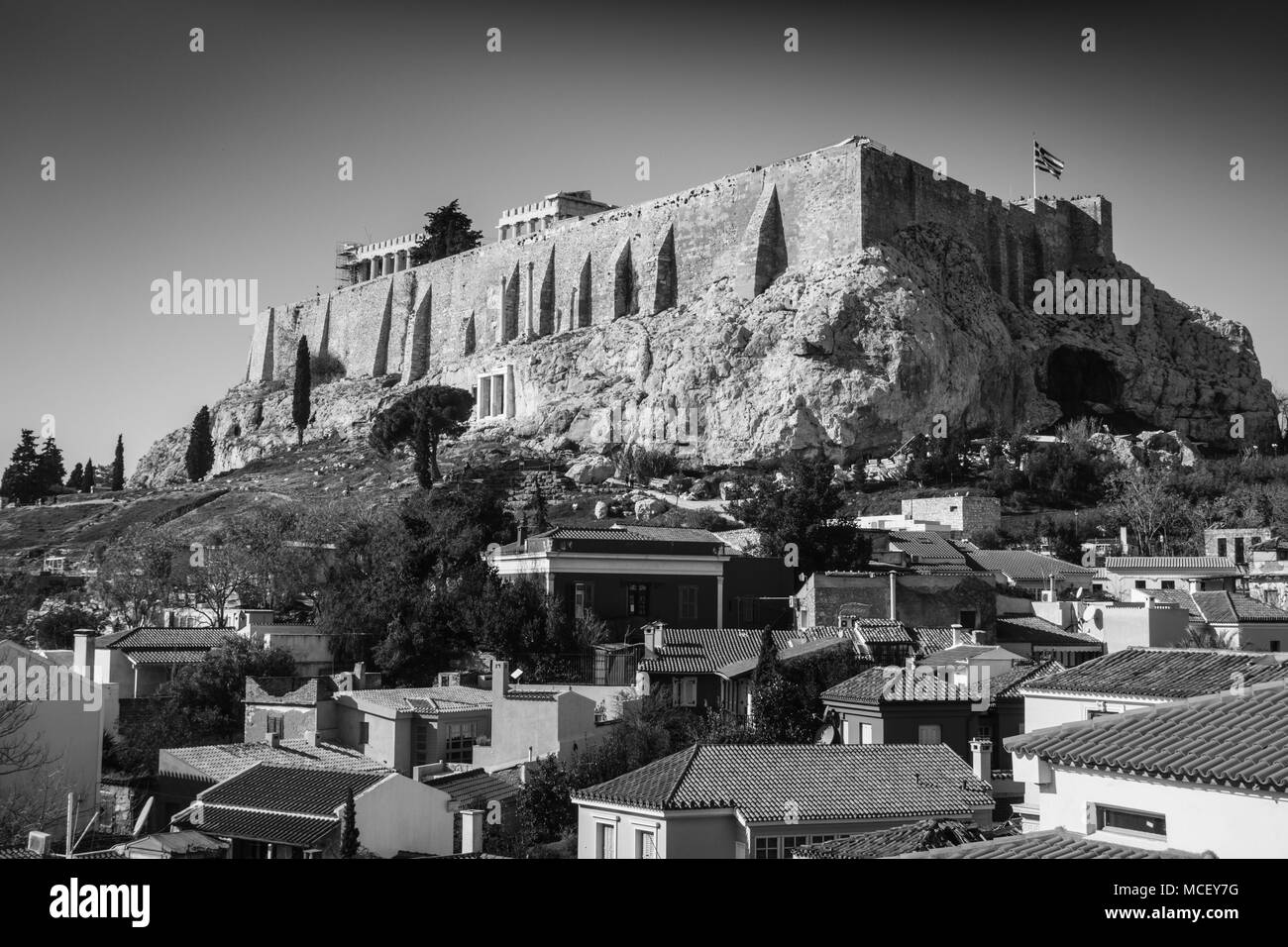 Low angle view of Acropolis - Athens from town square, Athens, Greece Stock Photo