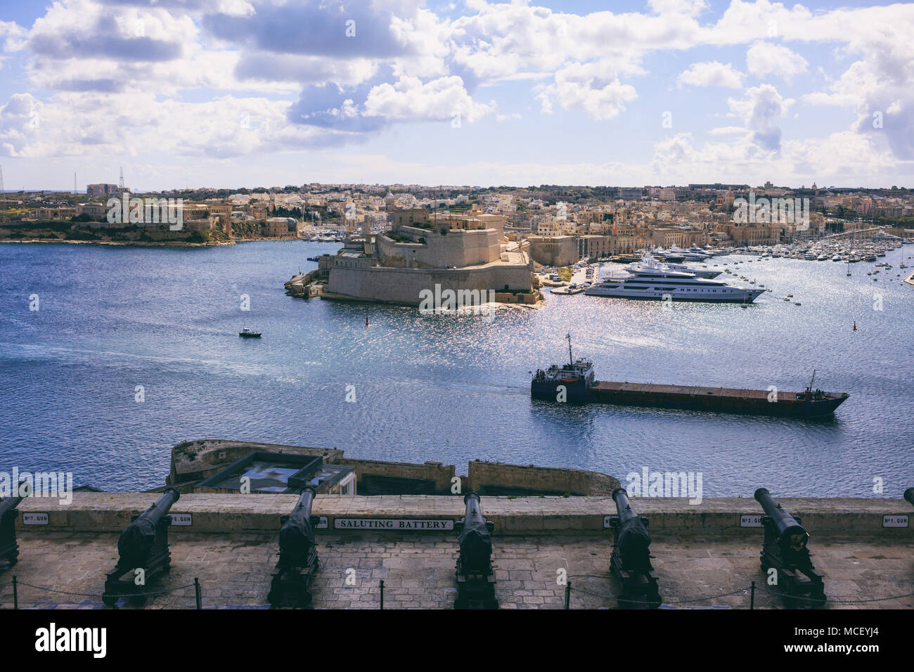 Valletta, Malta. Grand harbour view from Upper Barrakka Gardens over saluting battery guns Stock Photo
