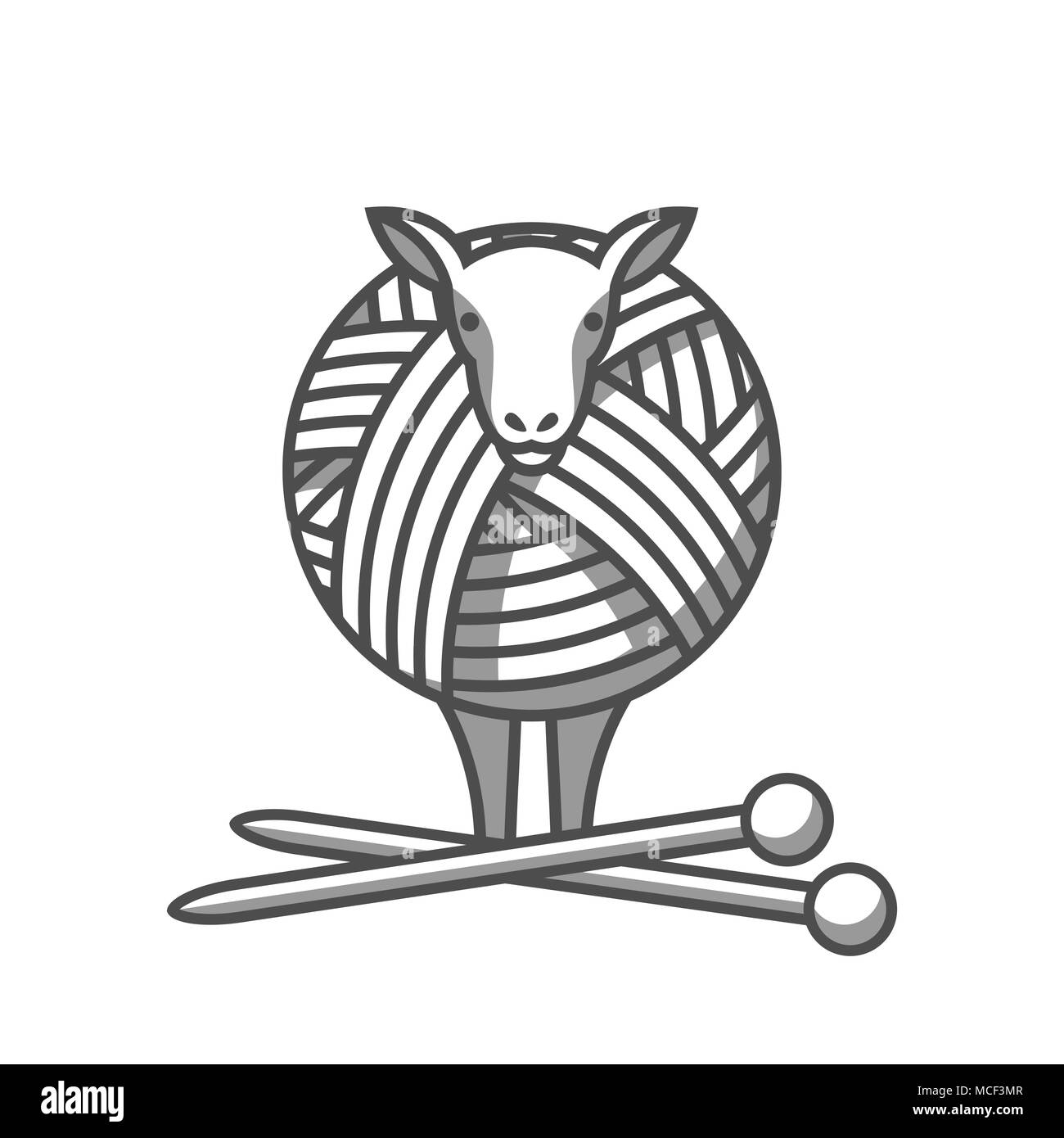 Wool emblem with sheep, tangle of yarn and knitting needles. Label for hand made, knitting or tailor shop Stock Vector