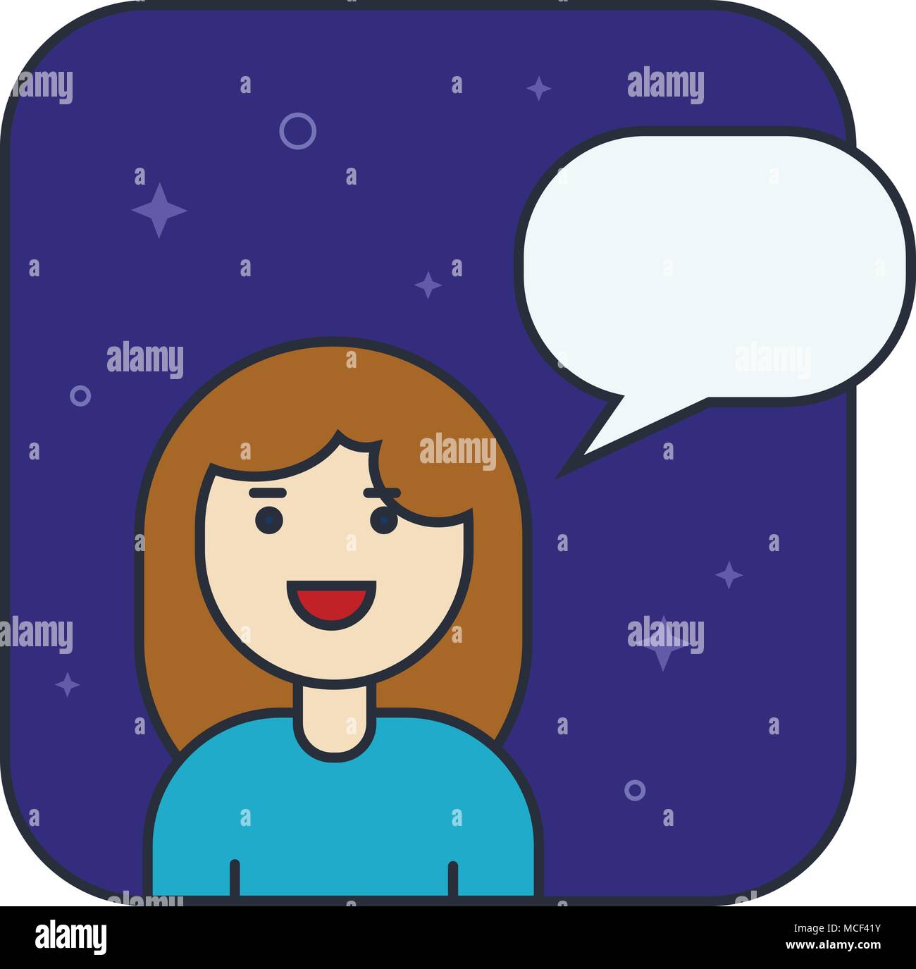 Woman talks, client support, customer help service concept. Line vector icon. Girl with speech bubble. Flat linear illustration isolated on blue backg Stock Vector