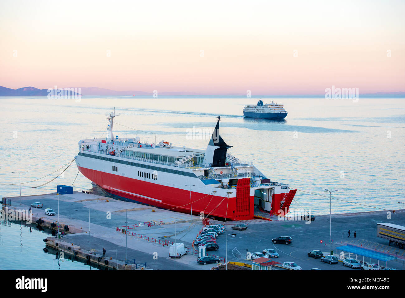View of port terminal dock and car ferries in Rafina, Attiki, Greece