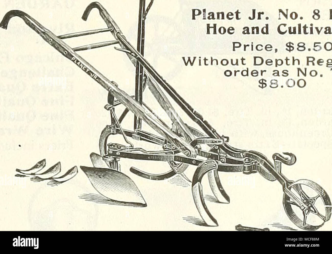 . Planet .)r. No. 8 Horse Hoe In the Onion Field CELERY HILLERS are now considered indispensable. The leaf lifters are adjustable in height and are especially valuable for first workings. With their aid some of our best and largest growers hill their celery without any &quot;handling.&quot; The double hiller only isfitted with leverwheel. The hilling blades are 43 inches long, adjustable in width or height as wanted; the double machine works all rows up to four feet apart. The single works all widths, and where market gardeners plant close and first bleach every other row, it is &quot;just the Stock Photo