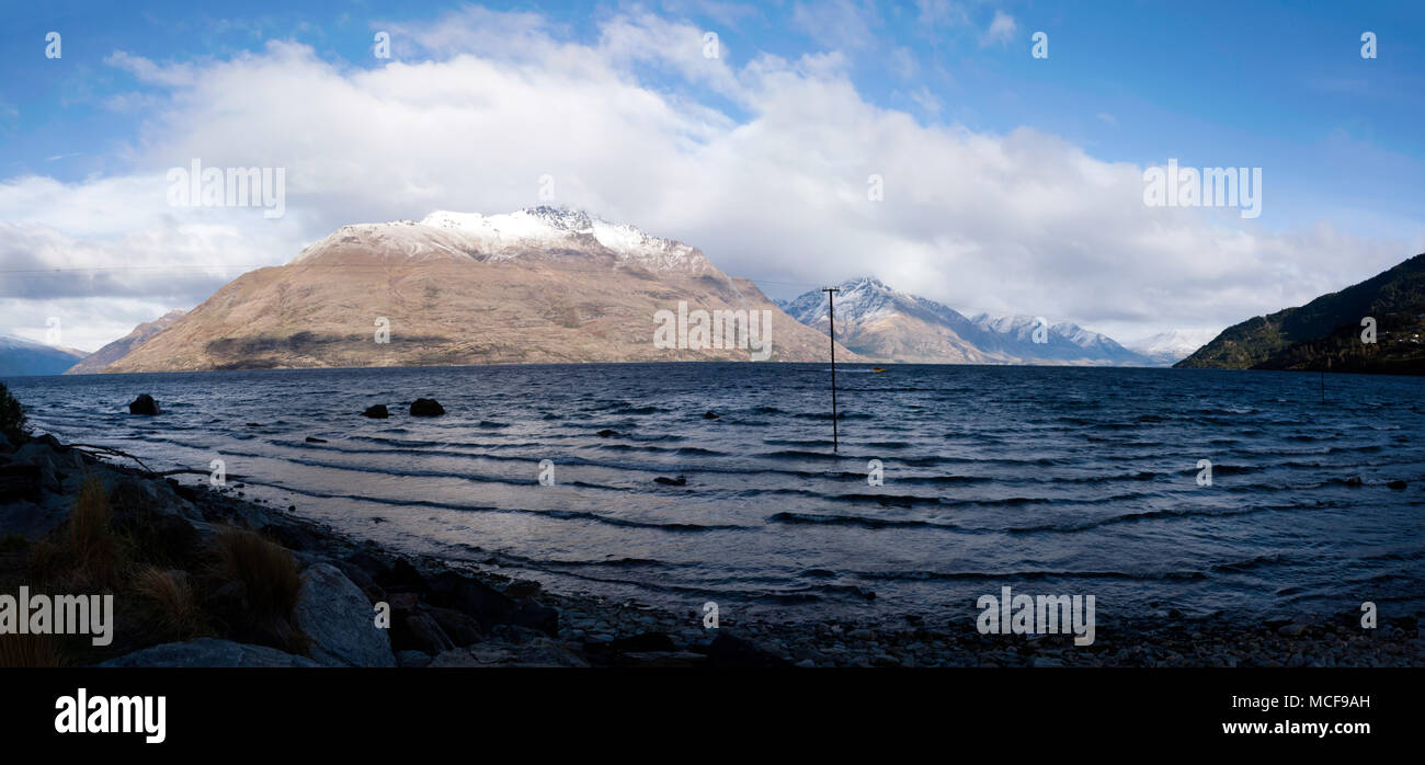 Panoramic view of Lake Wakatipu  from Queenstown Gardens, Queenstown, South Island, New Zealand Stock Photo