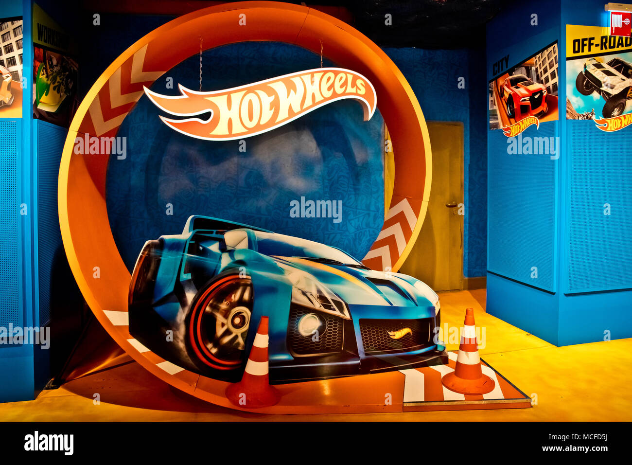Hot wheels department store in Hamleys shop. Hot Wheels is a brand of scale die-cast toy cars introduced by American toy maker Mattel Stock Photo