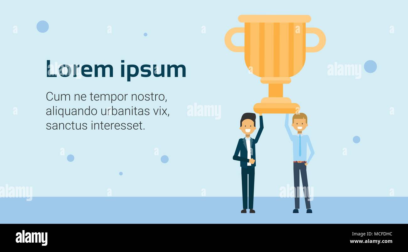 Successful Business Men Holding Golden Cup Over Background With Copy ...