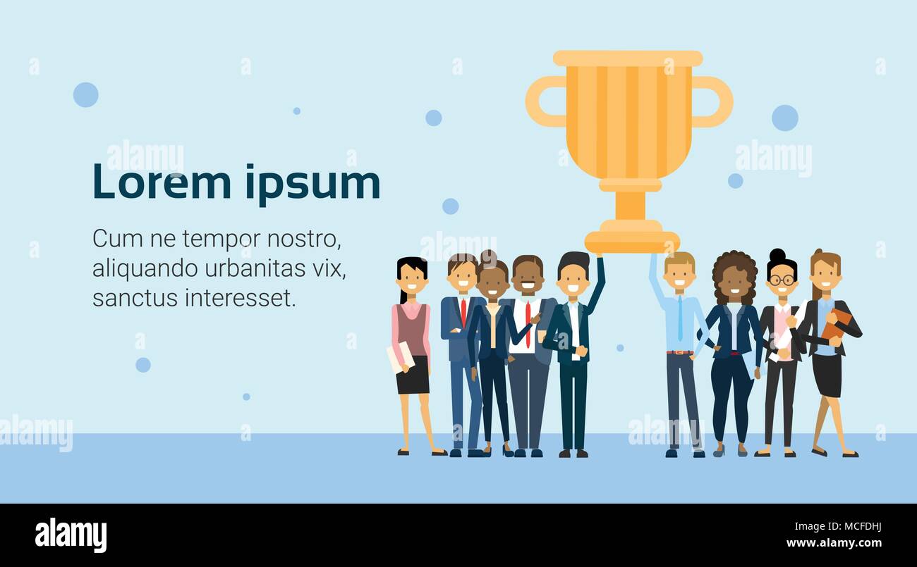 Successful Business People Team Holding Golden Cup Over Background With ...