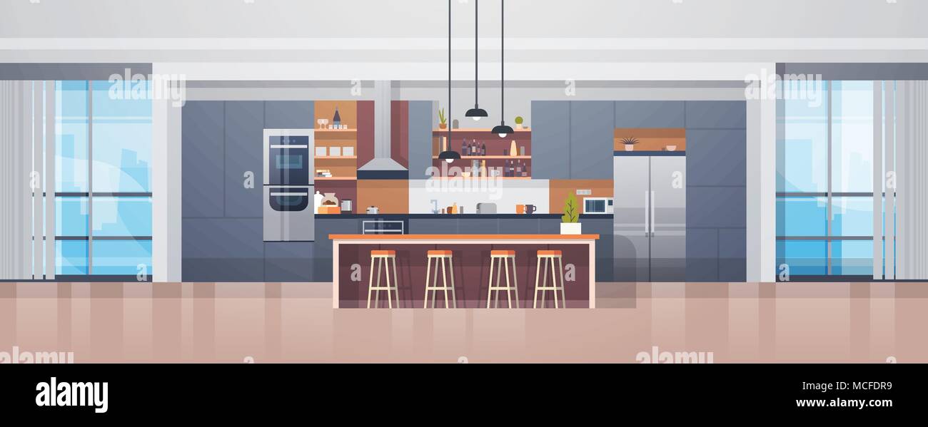 Empty Kitchen Interior With Modern Furniture Counter And Appliances Flat Vector Illustration Stock Vector