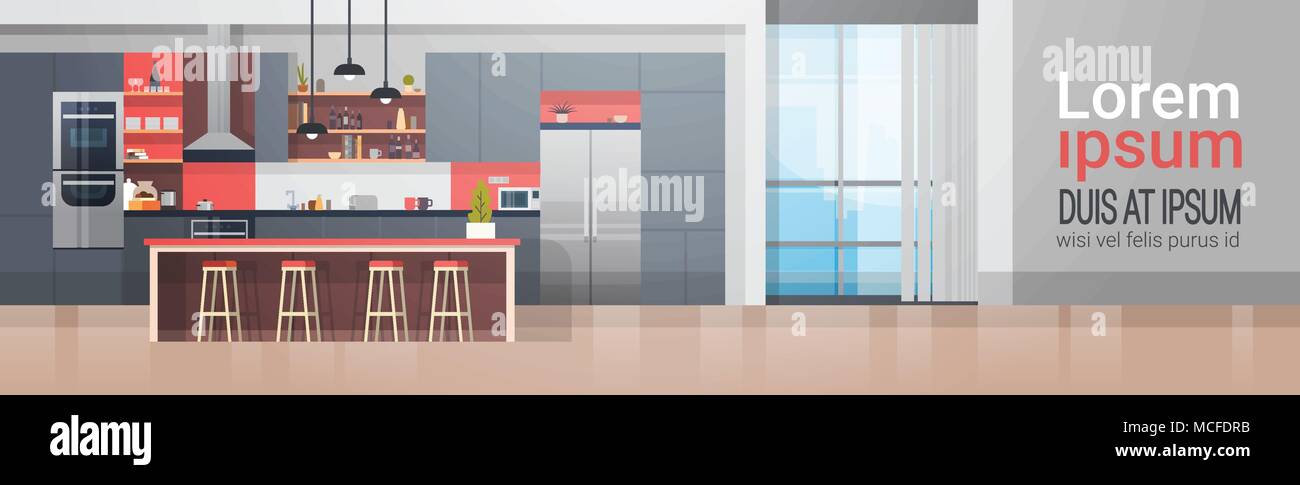 Kitchen Room Interior With Modern Furniture Counter And Appliances