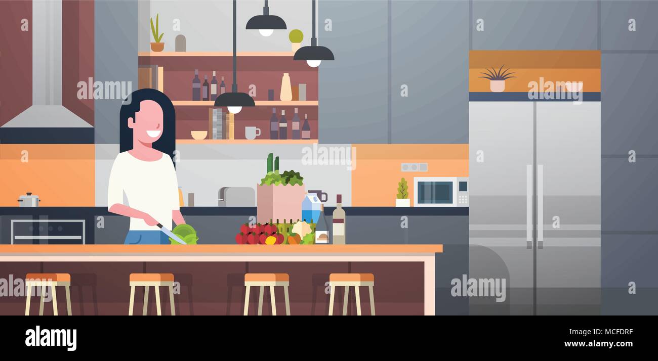 Woman Cooking Salad In Modern Kitchen Room Flat Vector
