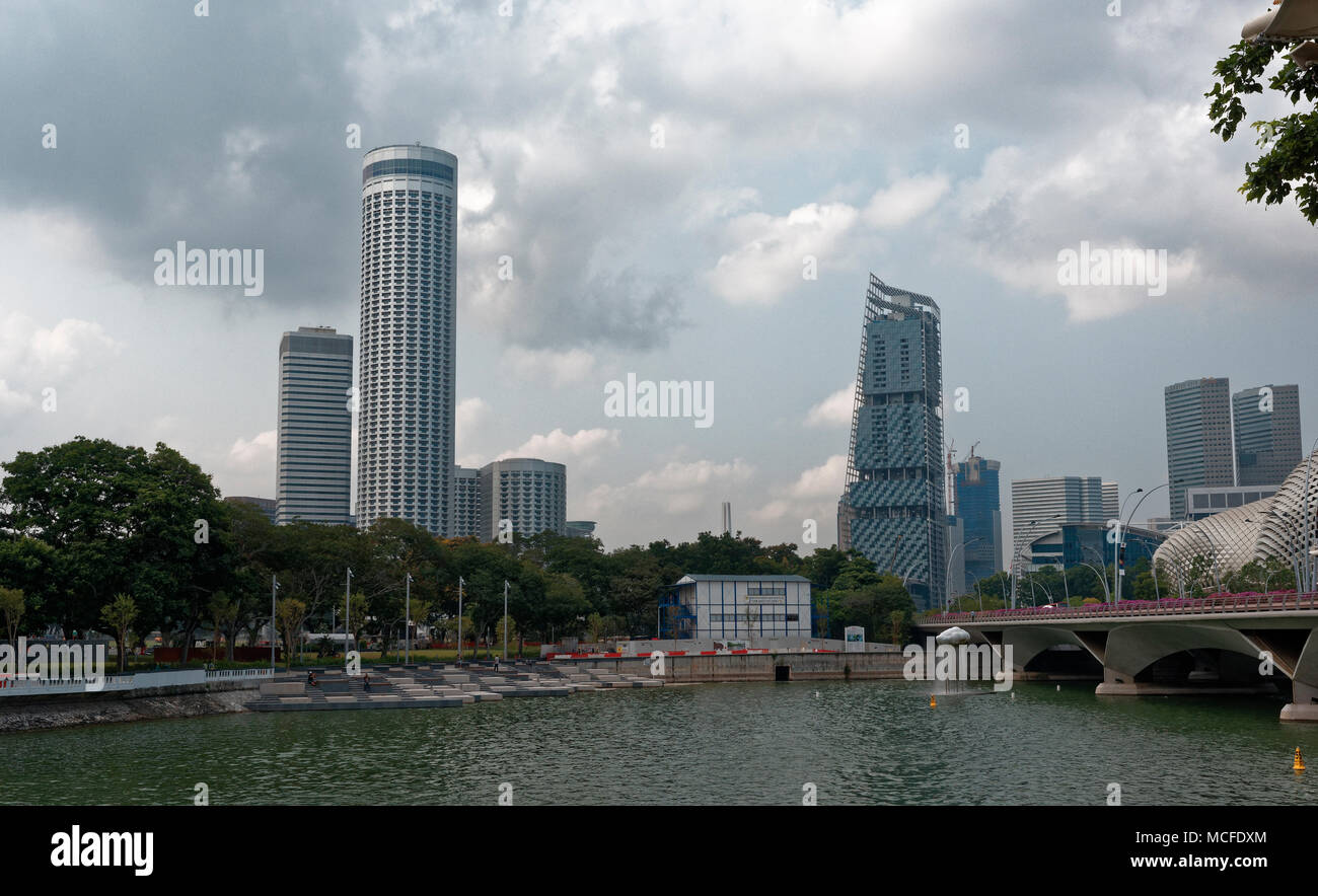 Singapore skyline including Opera house, Esplanade, Stamford and Fairmount Hotels, Raffles Tower and the New South Beach. Stock Photo