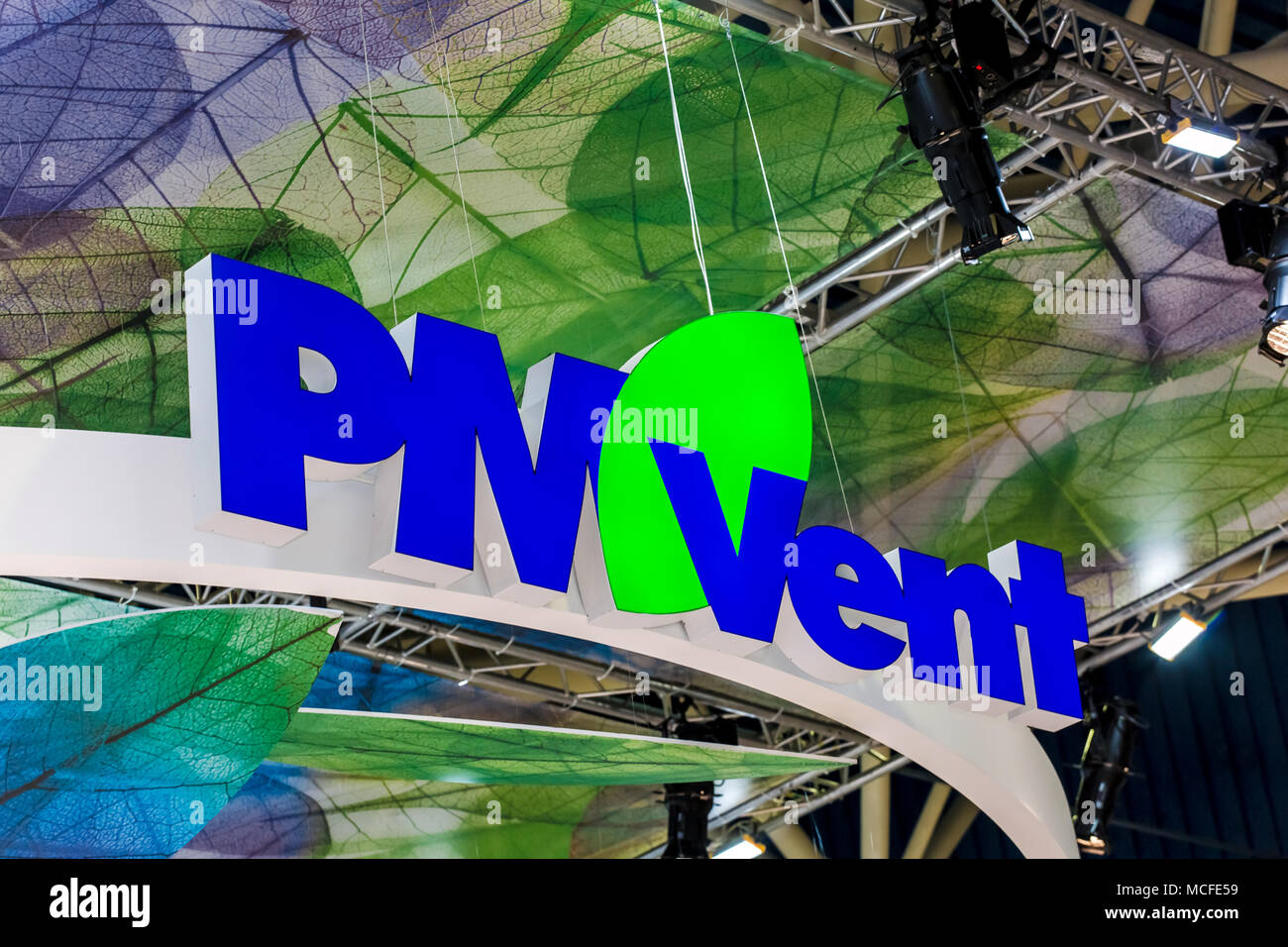 PM Vent logo company sign on the wall. Company PM VENT specializes in solving different problems in the sphere of ventilation systems Stock Photo