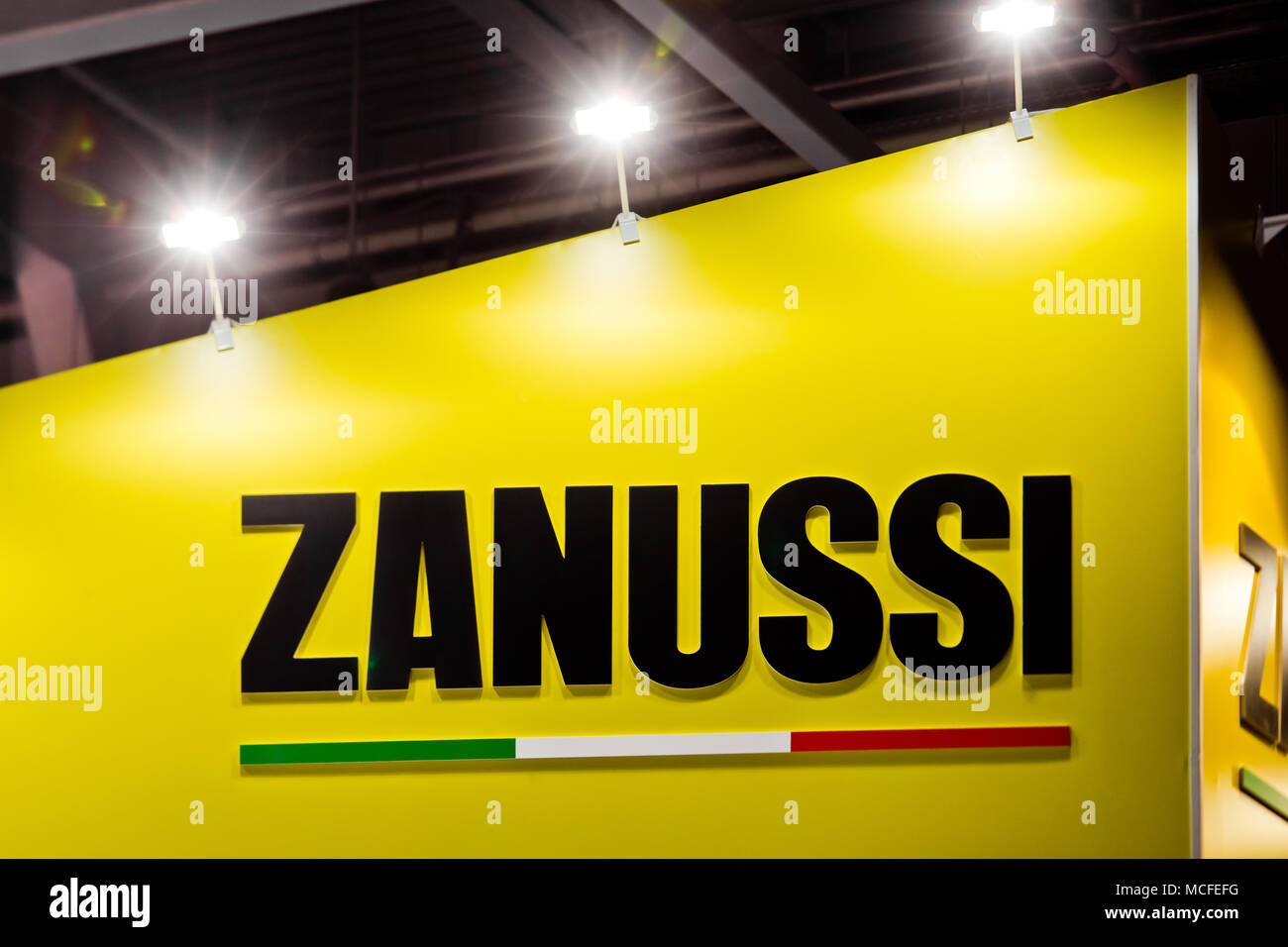 Zanussi logo company sign on the wall. Zanussi is an Italian producer of home appliances Stock Photo