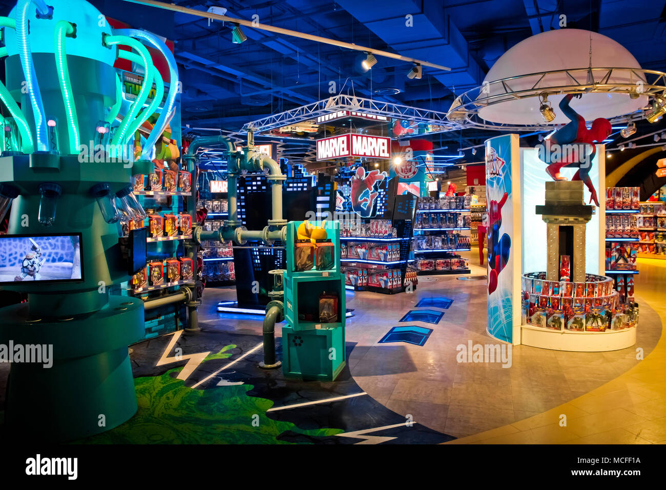Interior of Marvel toys department in Hamleys store. Marvel Comics