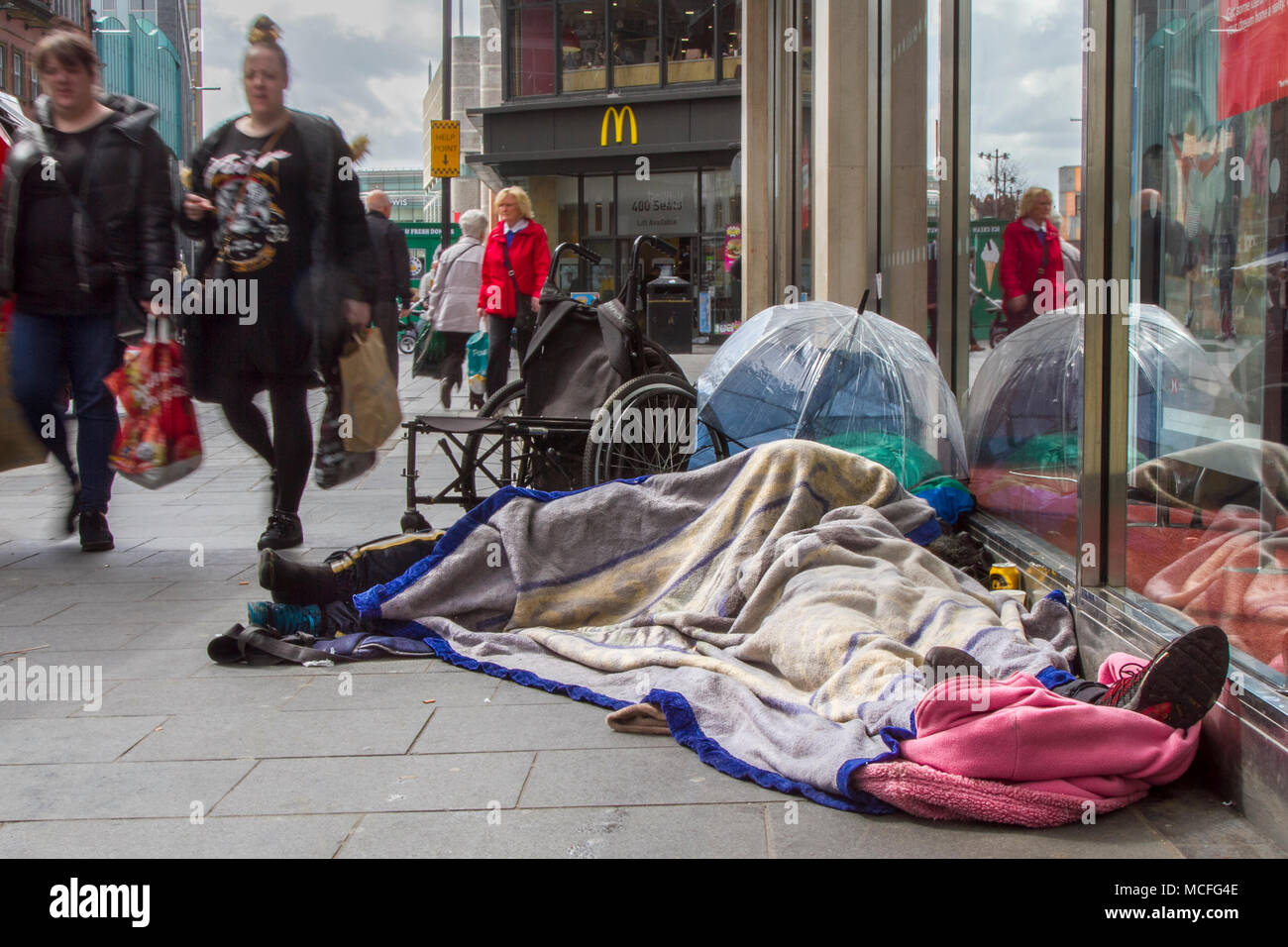 Rough Sleeper Disabled Homeless Man Asleep On The Streets Of Liverpool City Centre Merseyside Uk Stock Photo Alamy
