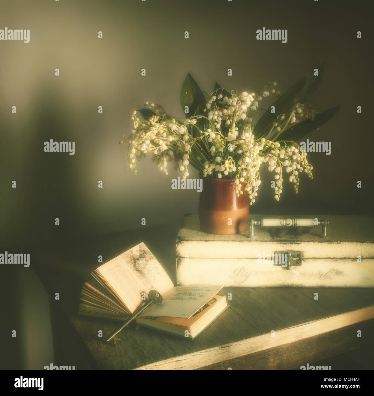 Still life with lilies of the valley and a book. Vintage Stock Photo ...