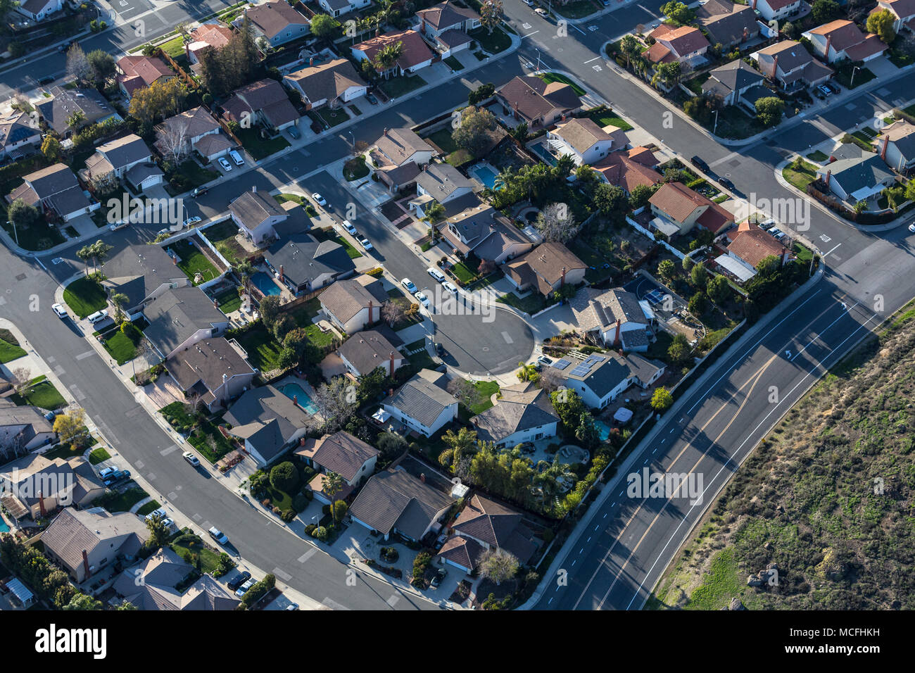 Aerial view of suburban culdesac street homes near Los Angeles, California. Stock Photo