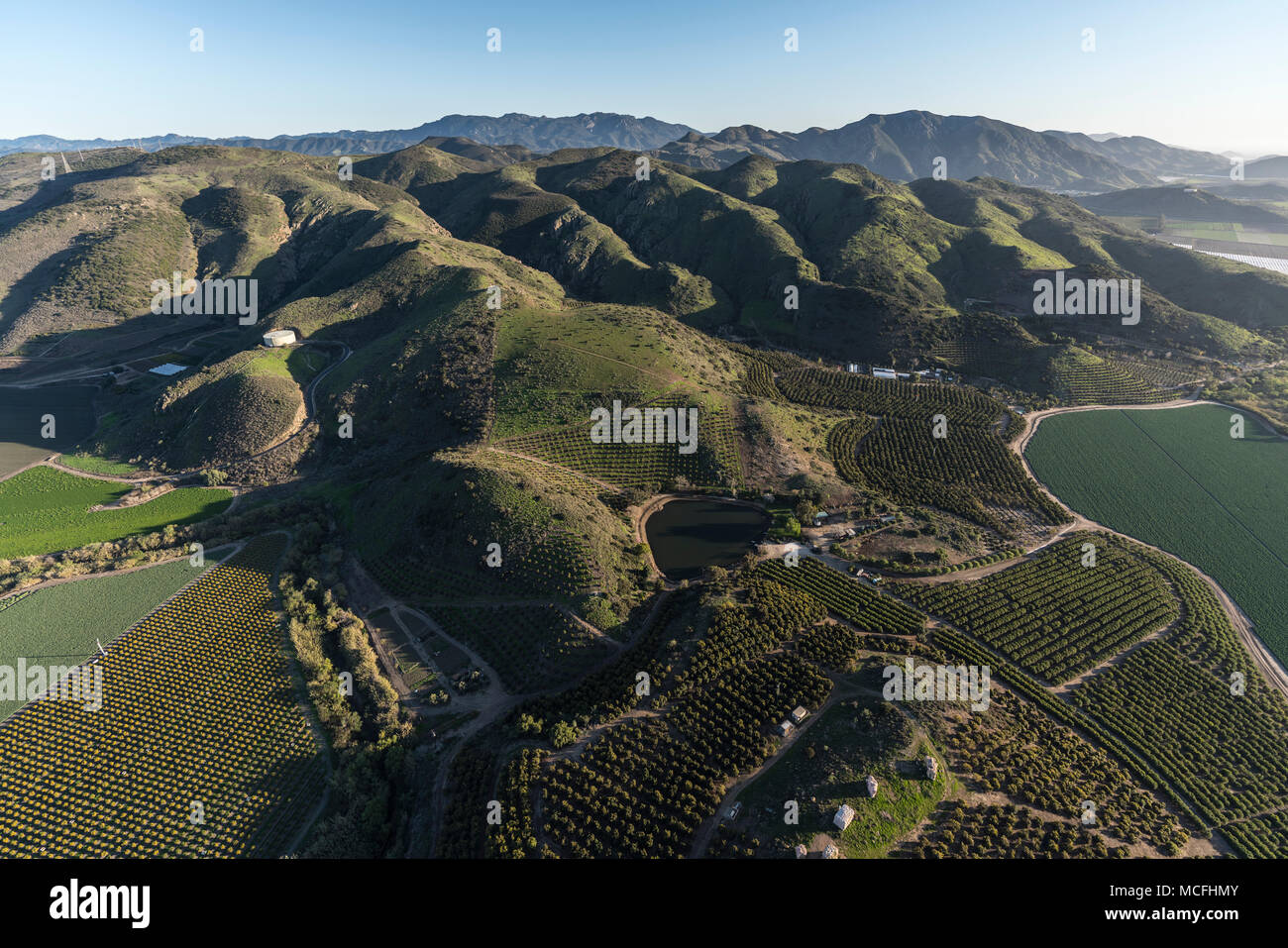Aerial view of farm fields and hillside groves near Camarillo in