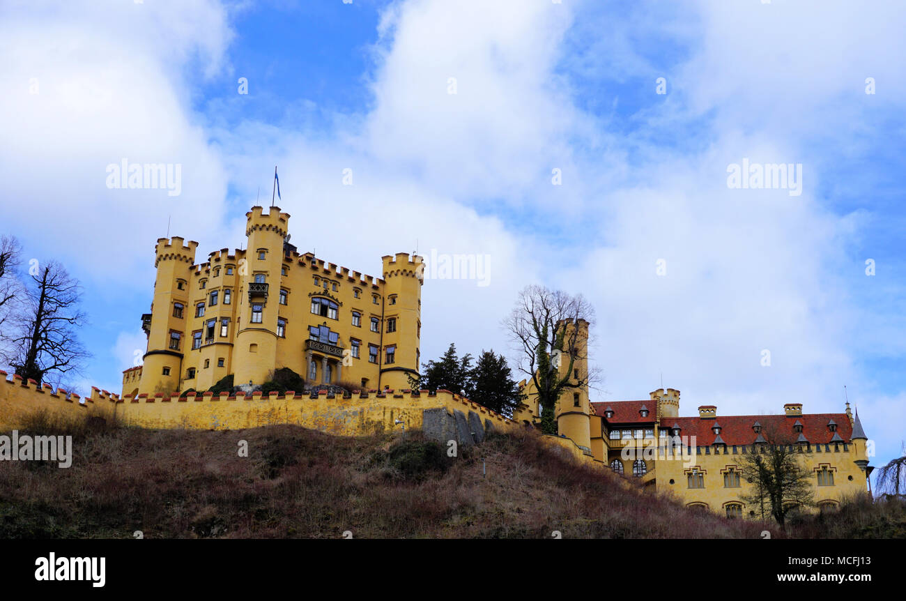 Hohenschwangau, Ostallgau, Bavaria / Germany - March 2018: Exterior view of historic Hohenschwangau Castle, the childhood home of King Ludwig II of Bavari Stock Photo