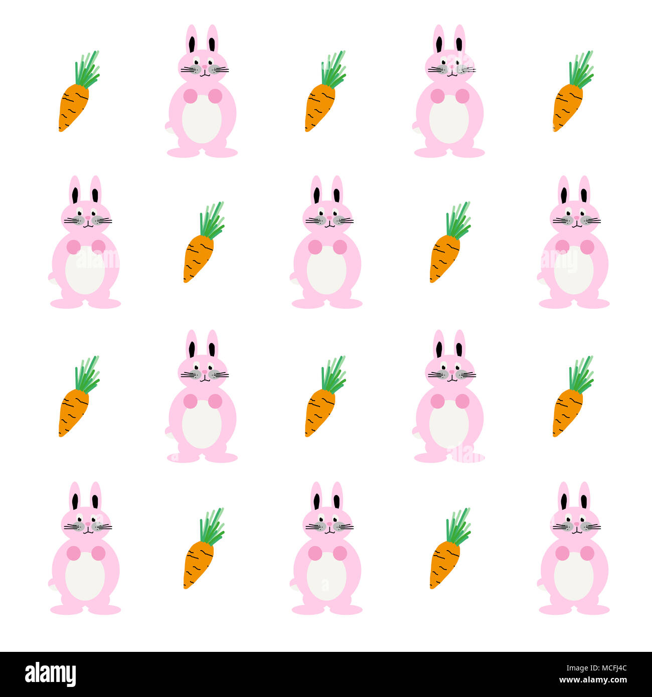 Cute and colorful bunny illustration including multiple baby pink rabbits with some carrots. Lovely childlike drawing. Stock Photo