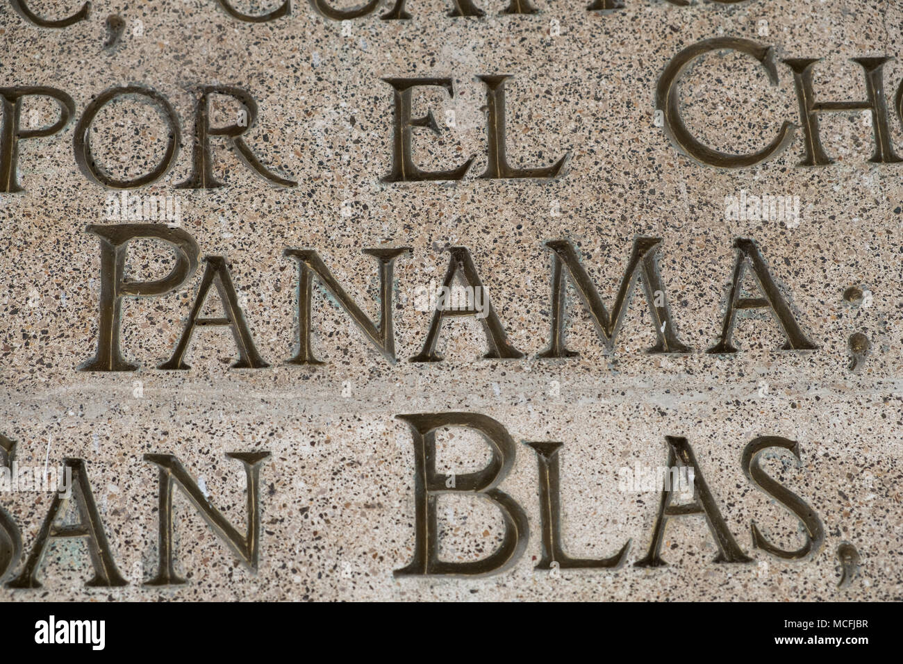 Panama City, Panama - march 2018: Closeup of the word Panama at French  French Plaza monument (Plaza de Francia) in Casco Viejo, Panama City, Panama Stock Photo