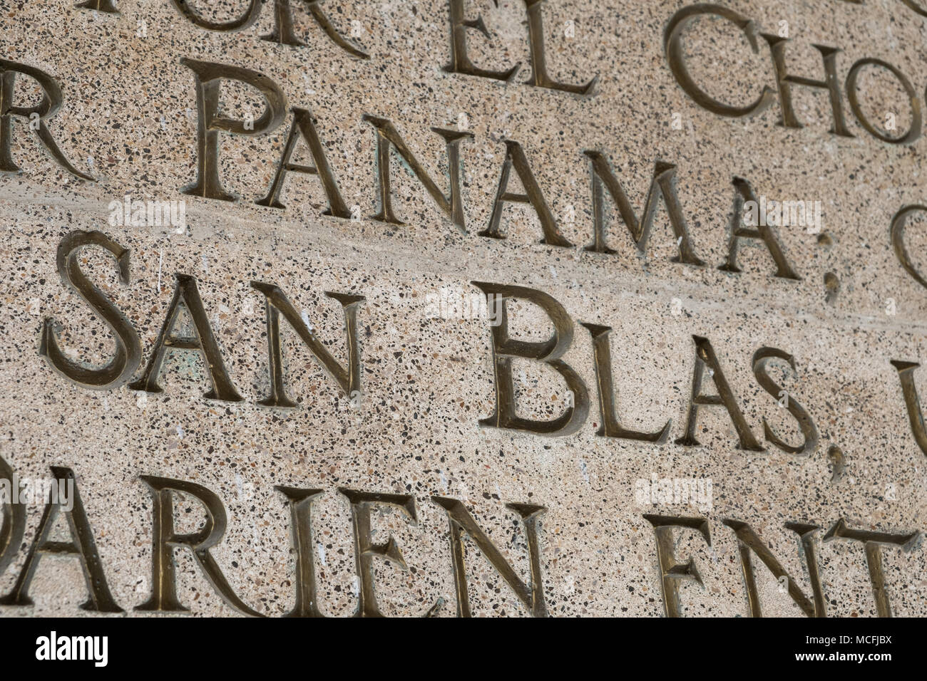 Panama City, Panama - march 2018: Closeup of the words 'San Blas' at   French Plaza monument (Plaza de Francia) in Casco Viejo, Panama City, Panama Stock Photo
