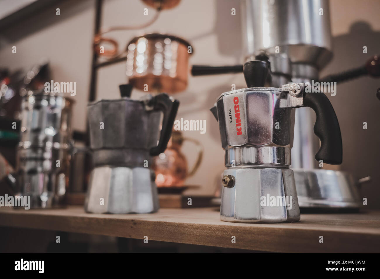 Coffee makers for sale at the London Coffee Festival – April 2018 Stock Photo