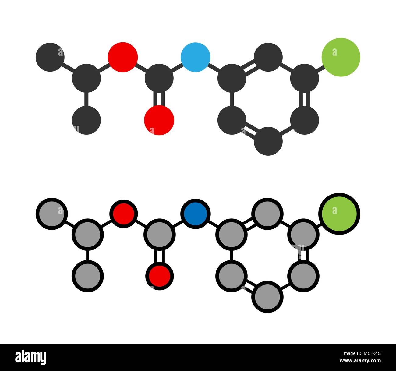Chlorpropham herbicide molecule. Stylized 2D renderings. Stock Vector