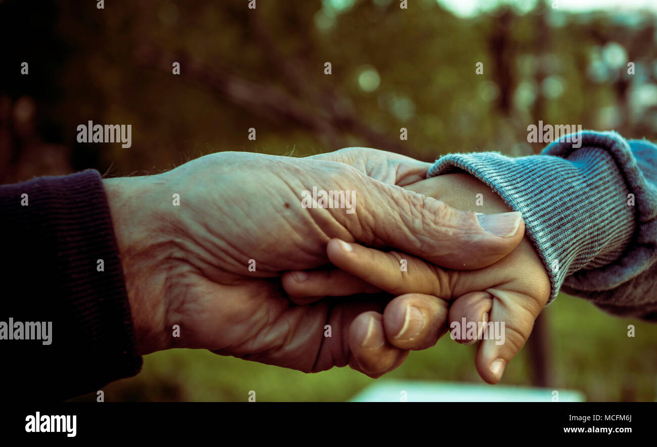 Grandfather and grandson holding hands Stock Photo