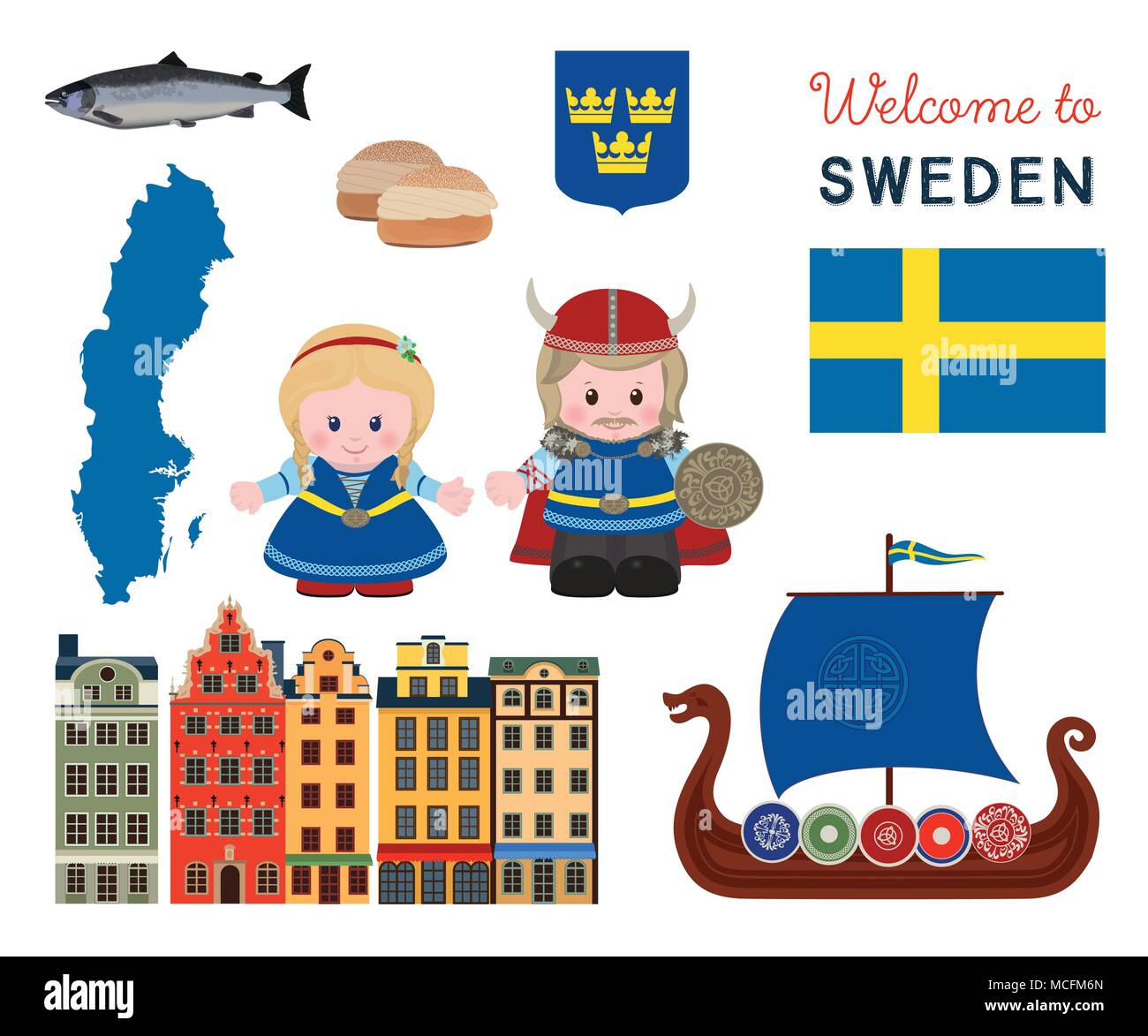 Welcome to Sweden, traditional scandinavian symbols set with cartoon characters of vikings in ancient scandinavian clothing. Vector illustration Stock Vector