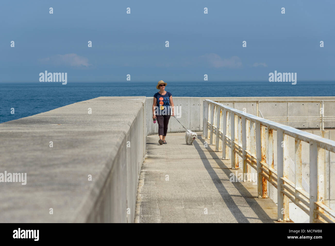 Tourist walking with a dog through a sea port structure Stock Photo