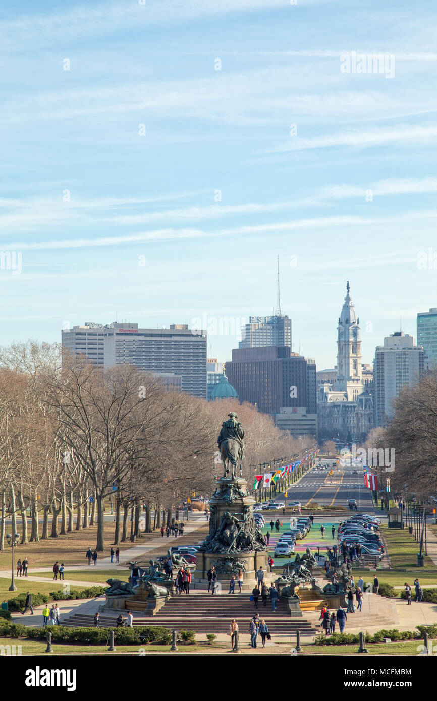 Philadelphia, Pennsylvania - Benjamin Franklin Parkway and Eakins Oval viewed from Philadelphia Museum of Art Stock Photo