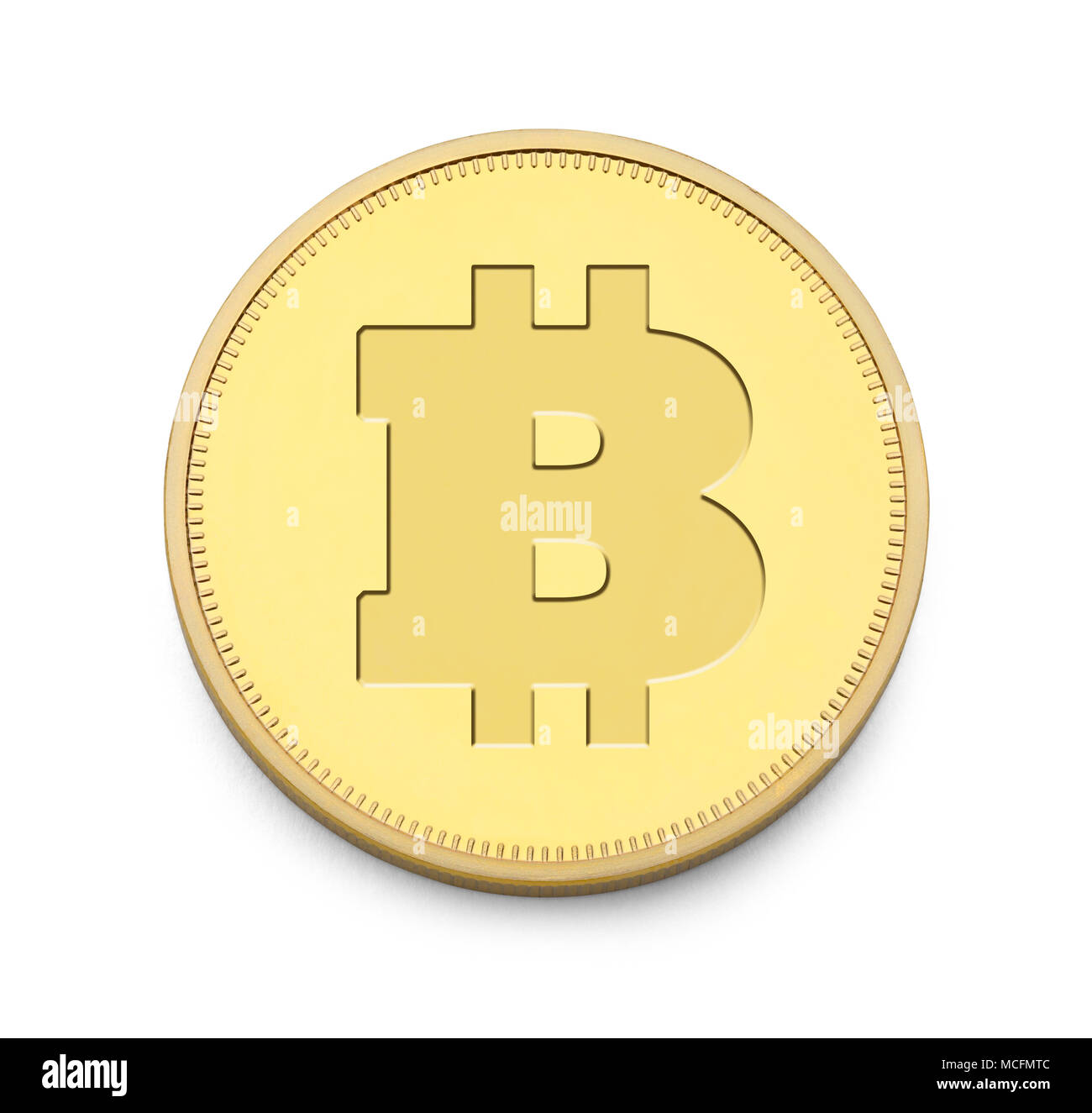 Single Gold Bitcoin Isolated on a White Background. Stock Photo