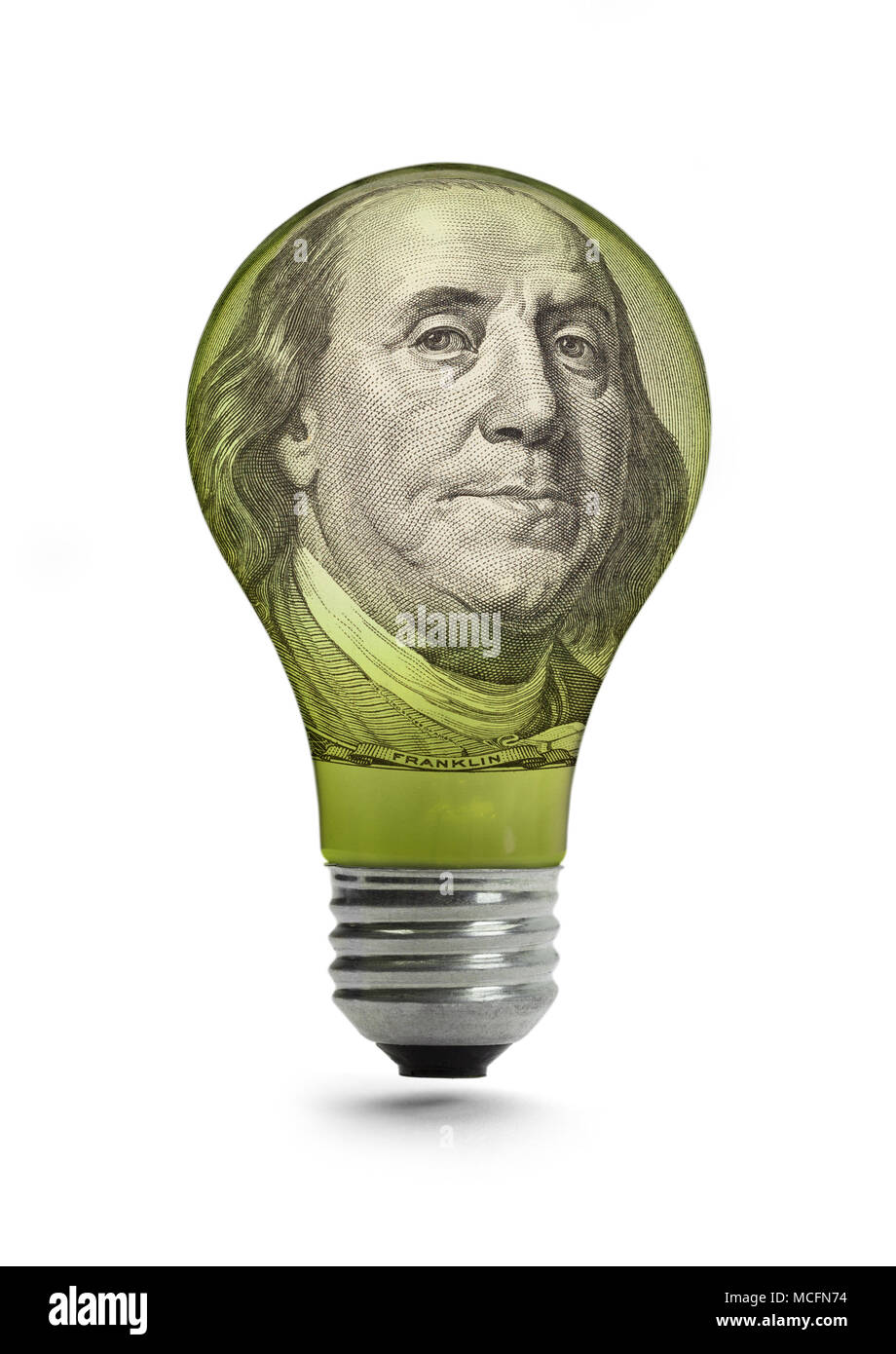Money Light Bulb with Franklin Isolated on White Background. Stock Photo