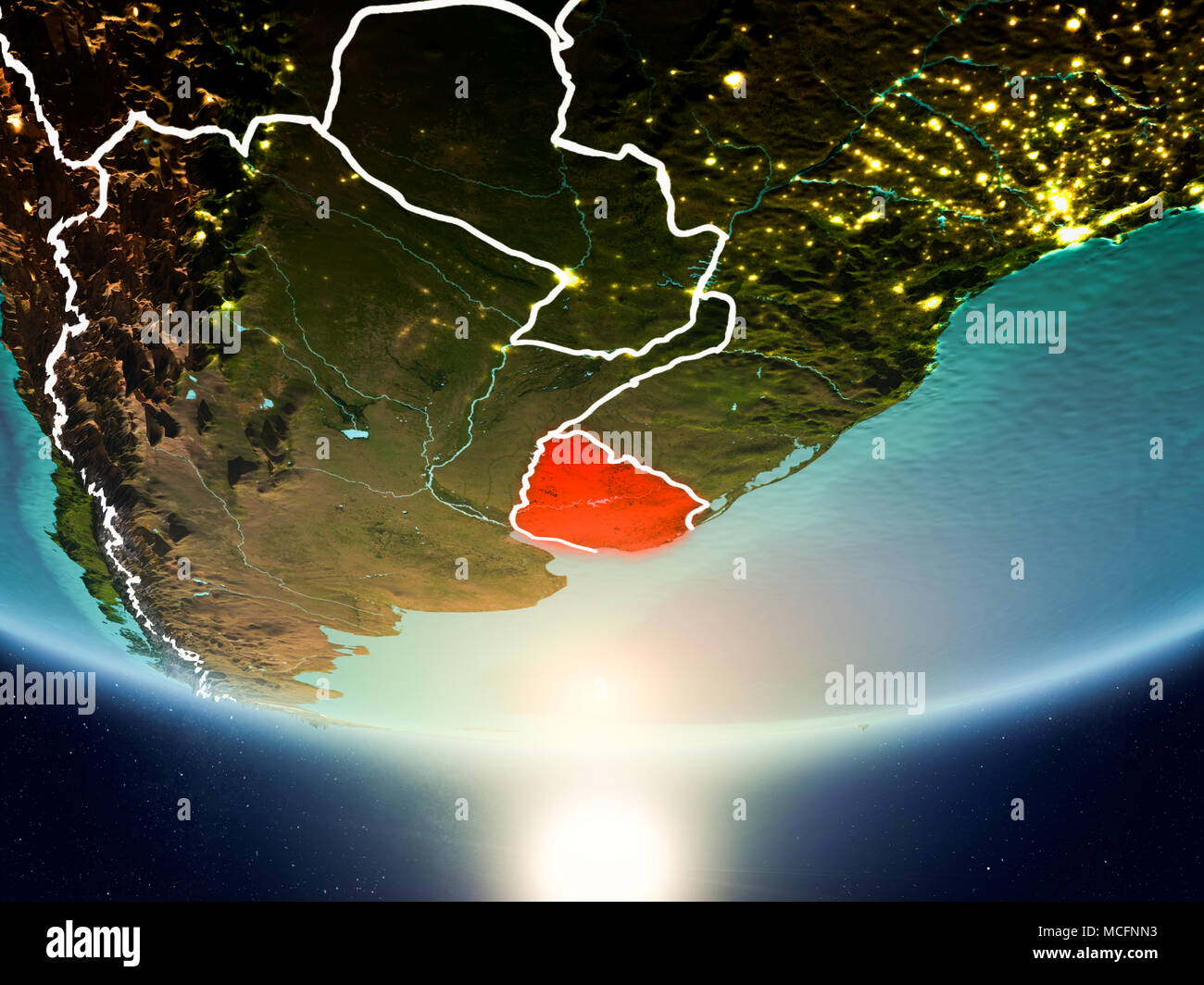 Uruguay from orbit of planet Earth in sunrise with highly detailed ...