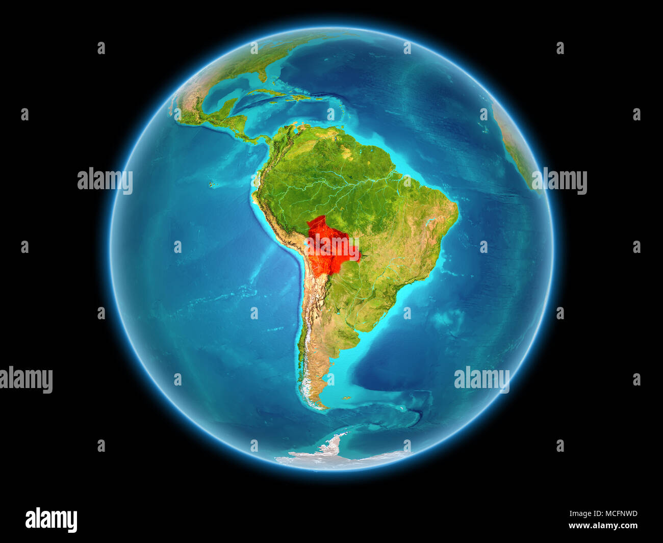 Bolivia in red on planet Earth as seen from on full sphere. 3D illustration. Elements of this image furnished by NASA Stock Photo - Alamy